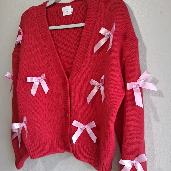 Anthropologie Luna Ivy Red Cardigan Adorned With Pink Bows. Sz.M Cozy - Picture 3 of 10
